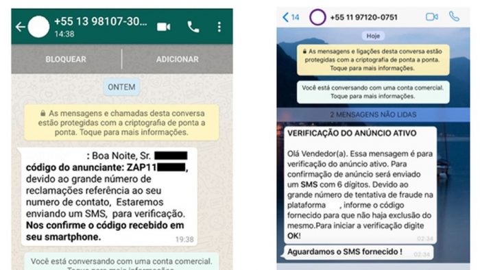 Mensagens enviadas pelos criminosos para tentar roubar o código de autenticação do usuário e fazer um WhatsApp clonado — Foto: Reprodução/Kaspersky Lab — Foto: Reprodução/Kaspersky Lab